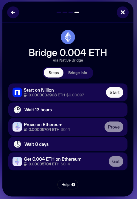Nillion Bridge withdrawal flow showing the start, waiting periods, proof transaction, and final withdrawal on Ethereum