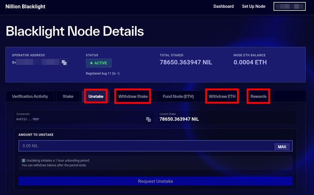 Blacklight L2 node dashboard with the Unstake, Withdraw Stake, Withdraw ETH, and Rewards tabs highlighted